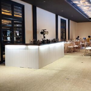 Elegant White Bar with Mahogany countertop for events By EventRentals.lk