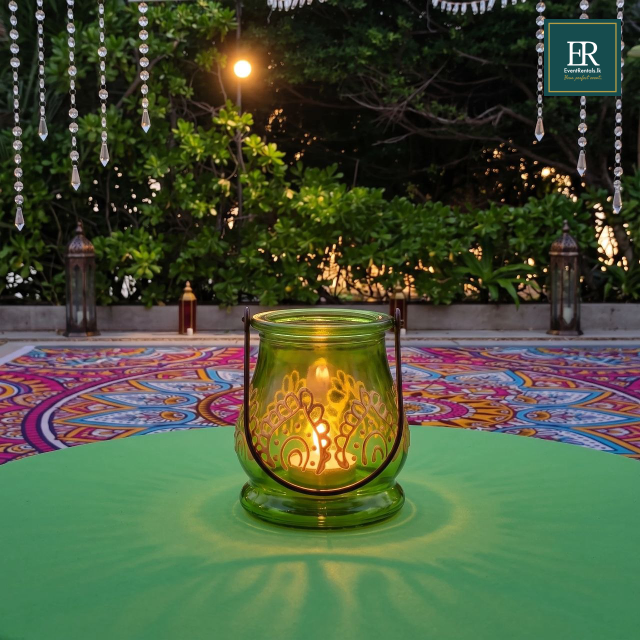Rent or similar products at EventRentals.lk Green Glass Candle Jar Side View for rent at EventRentals.lk - table decor Sri Lanka