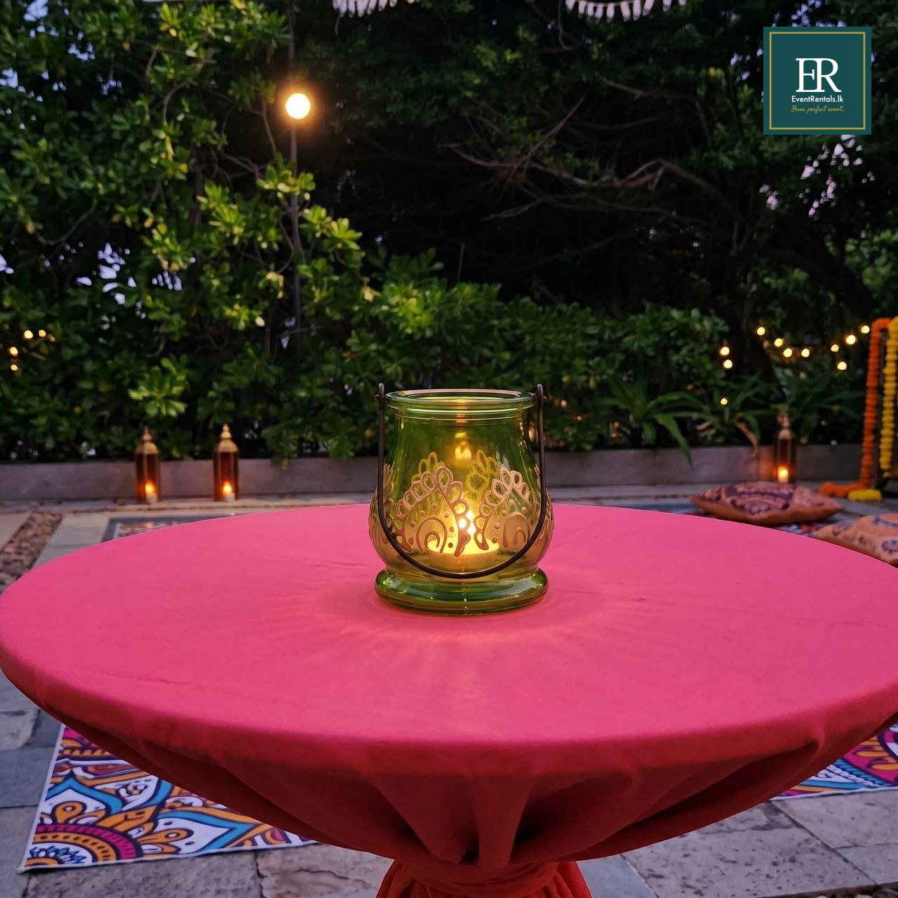 Rent or similar products at EventRentals.lk Green Glass Candle Jar Close-up View for rent at EventRentals.lk - table decor Sri Lanka