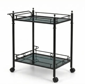 Black metal trolley with two glass shelves and castor wheels